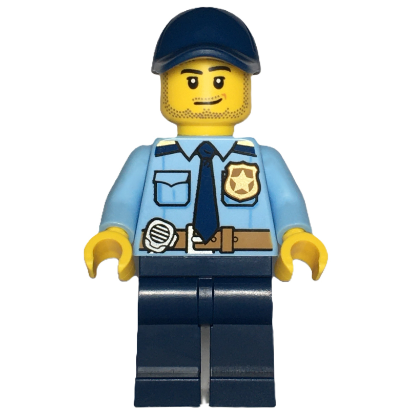 Lego Policeman, Bright Light BLue Shirt, Dark Blue Legs and Cap, Stubble