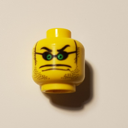 Lego Minifig Head Henchman, Glasses Small with Green Eyes, Stubble, Thin Wide Moustache over Mouth Line Print [Blocked Open Stud] / Yellow