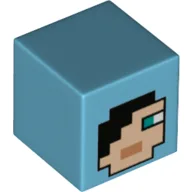 Minifig Head Special, Cube with Pixelated Face with Black Hair, Blue Eyes Print / Medium Azure
