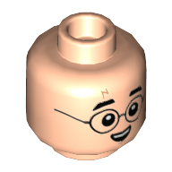 Lego Minifig Head Harry Potter, Glasses, Lightning Bolt Scar, Smile / Dirty Print / Light Nougat