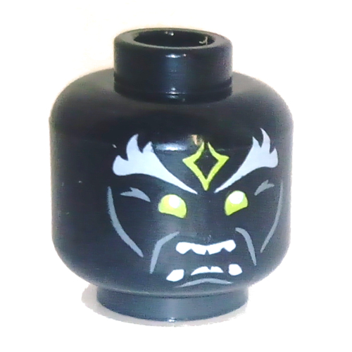 Lego Minifig Head Skull Sorcerer, Light Bluish Gray Bushy Eyebrows, Yellowish Green Forehead Marking and Eyes, Angry Mouth Showing Teeth Print / Black