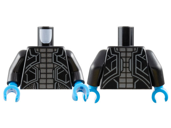 Lego Torso Armor with Sloping Panels with Dark Bluish Gray Edges over Dark Silver Grid of Rectangles Pattern / Black Arms / Dark Azure Hands