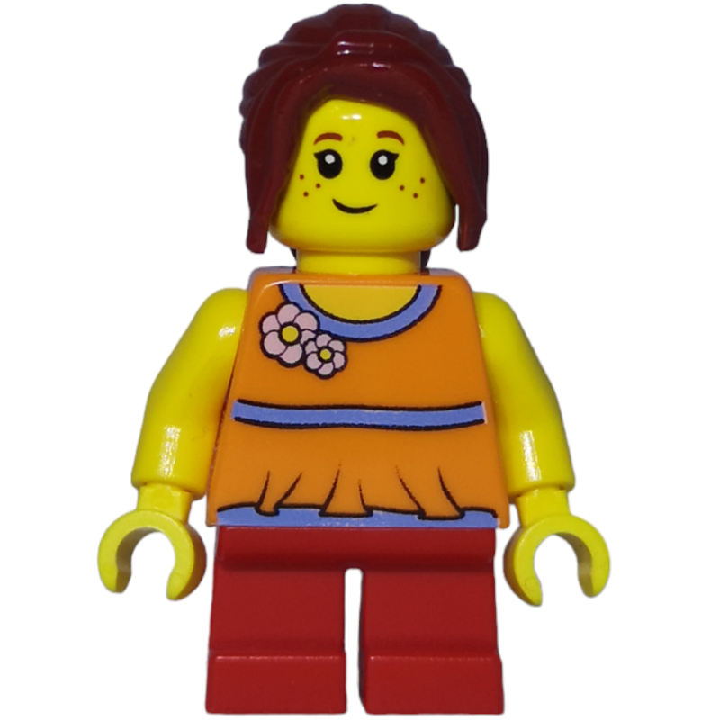 Lego Girl, Orange Top, Short Red Legs, Dark Red Hair