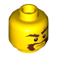 Lego Minifig Head, Beard Brown Bushy, Moustache, Eyebrows with One Eyebrow Raised, White Pupils Print / Yellow