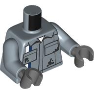 Lego Torso, Overall, Pockets, Black Stains, White/Dark Blue Stripe print, Sand Blue Arms, Dark Bluish Gray Hands / Sand Blue