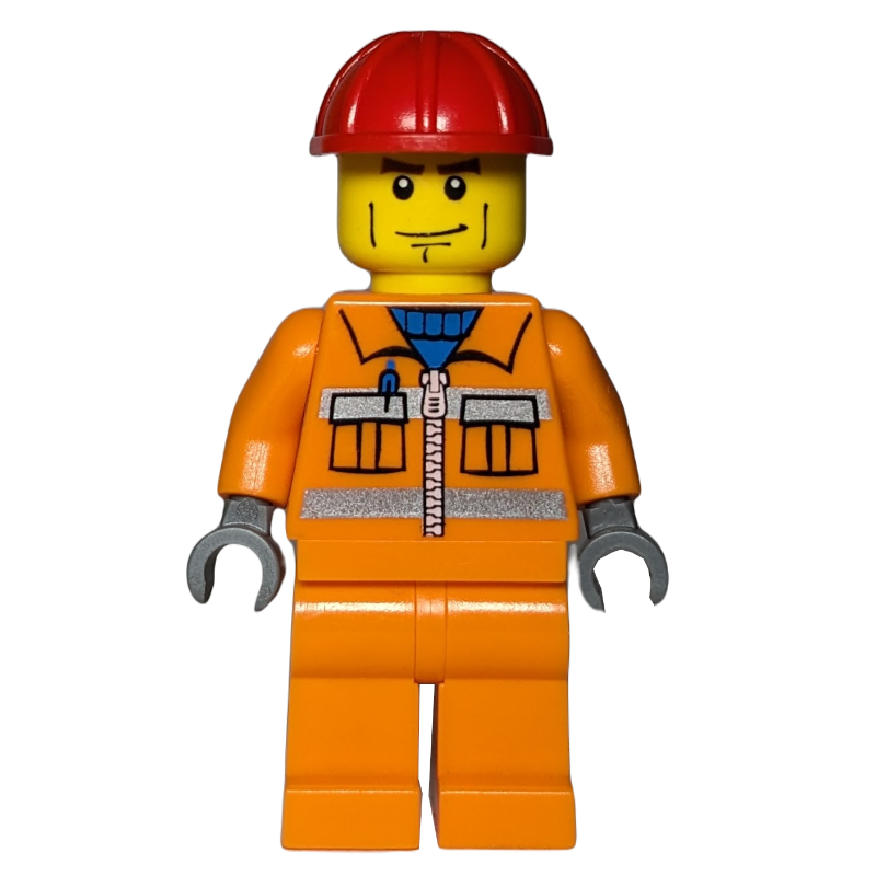 Lego Construction Worker, Orange Jacket with Zipper and Reflective Stripes, Orange Legs, Red Hard Hat, Cheek Lines