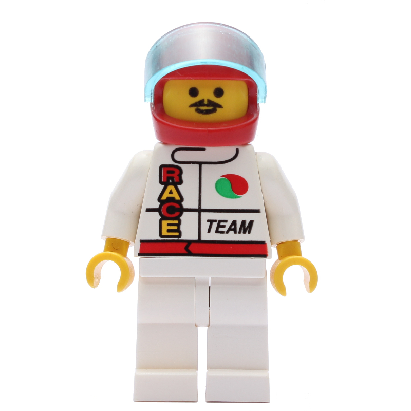 Lego Racer, White Jacket with Octan Logo and 'RACE' and 'TEAM', Red Helmet with Visor, Moustache