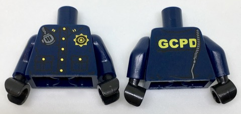 Lego Torso Police Uniform, Gold Buttons and Badge, Radio Over Shoulder and 'GCPD' on Back Pattern / Dark Blue Arms with Gold Badge Right / Black Hands