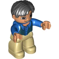 Duplo Figure Side Parted Hair Black, with Tan Legs, Blue Top, Black Vest / Blue