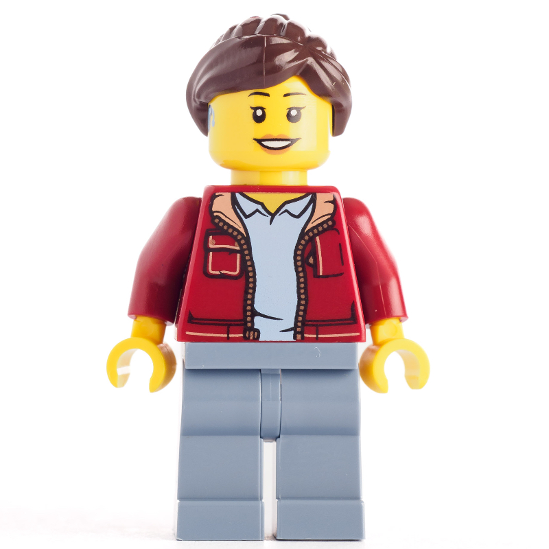 Lego Dark Red Torso, Sand Blue Legs, Dark Brown Hair, Hearing Aid