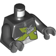 Torso, Race Jacket with Zipper and Lime, Silver and White 'XTREME' Print, Black Arms, Dark Bluish Gray Hands / Black