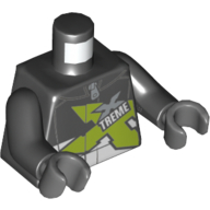 Lego Torso Race Jacket with Zipper and Lime, Silver and White 'XTREME' Print, Black Arms, Dark Bluish Gray Hands / Black