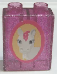 Duplo, Brick 1 x 2 x 2 with White Horse and Pink Mane Pattern (Sticker) - Set 4828 / Glitter Trans-Dark Pink