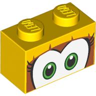 Lego Brick 1 x 2 with Green Eyes and Eyelashes Print / Yellow