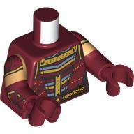Lego Torso, Dual Molded Arms, Gold/Sand Blue/Dark Red Native Decorations print, Warm Tan Sleeves Pattern, Dark Red Arms and Hands / Dark Red