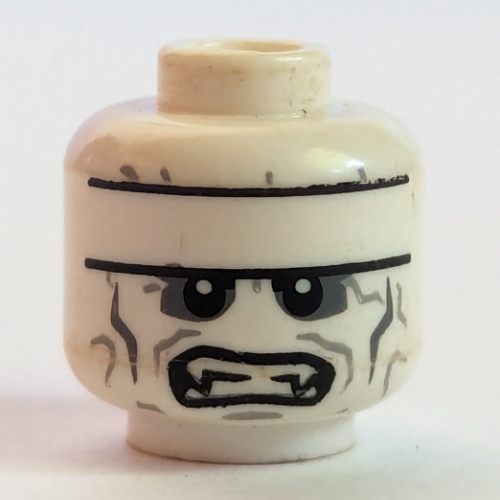 Lego Minifig Head Batzarro, Stripe on Forehead, Dark Gray around Eyes, Teeth with Fangs, Clenched / Open Mouth Print / White