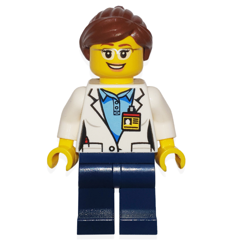Lego Scientist, Dark Blue Legs, Name Badge, Glasses, Female