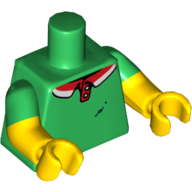 Lego Torso, Dual Molded Arms, Polo Shirt with Red and White Collar, Pizza Sauce Stains Print, Green Sleeves Pattern, Yellow Arms and Hands / Green
