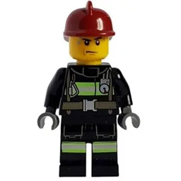 Fireman, Black Fire Suit with Gauge and Straps, Dark Red Helmet, Sweat Drops