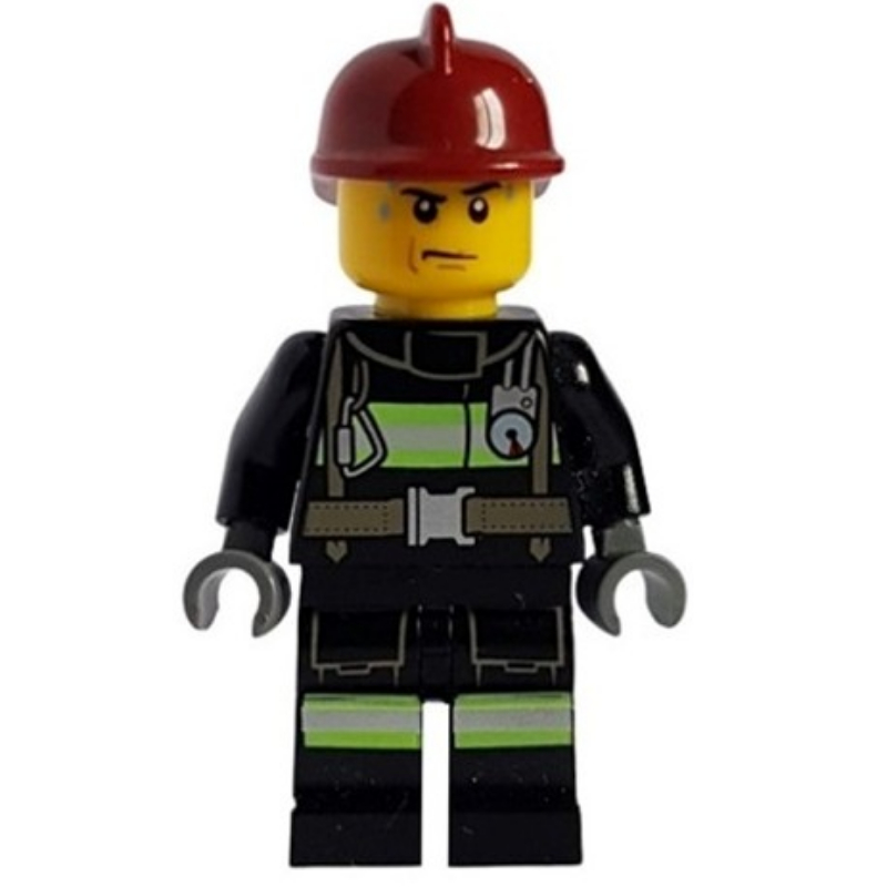 Lego Fireman, Black Fire Suit with Gauge and Straps, Dark Red Helmet, Sweat Drops