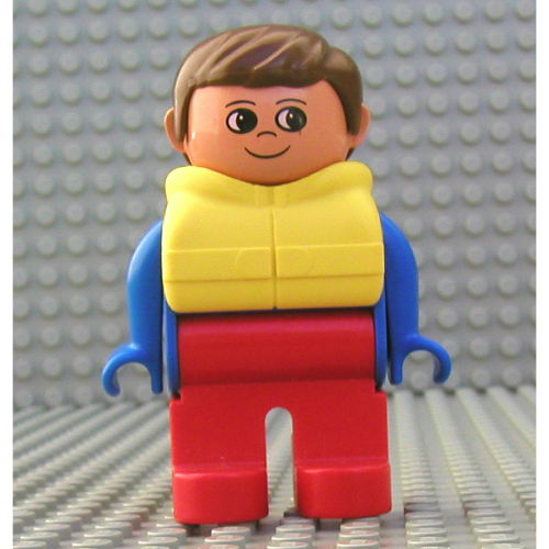 Lego Duplo Figure, Early, with Short Parted Hair Brown, Red Legs, Yellow Life Jacket / Blue