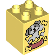 Lego Duplo Brick 2 x 2 x 2 with Bones, Bowl, and Dog Face Print / Bright Light Yellow