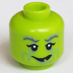 Minifig Head Witch, Sand Green Wrinkles, Thick Eyebrows, Smile with One White Tooth / Lime