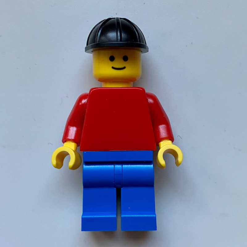Lego Man, Red Torso, Blue Legs, Black Hard Hat