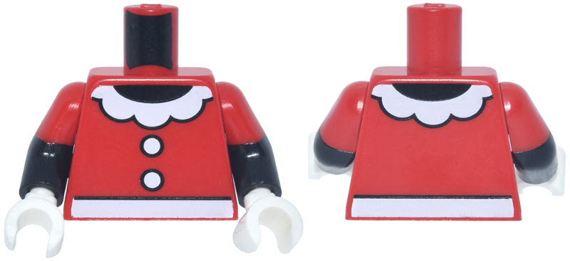 Lego Torso White Belt, Buttons and Scalloped Collar with 5 Sections, Black Neck Pattern / Black Arms with Molded Red Short Sleeves / White Hands