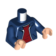 Lego Torso Jacket, White Trip, Dark Red Shirt print, Dark Blue Arms, Light Nougat Hands / Dark Blue