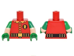 Torso Batman 'R' Symbol, 5 Yellow Clasps and Collar, Black and Gold Belt Pattern / Light Nougat Arms with Molded Green Short Sleeves Pattern / Green Hands
