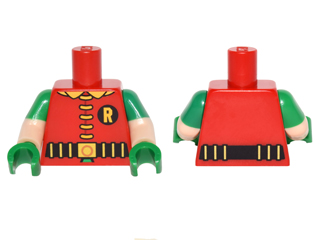 Lego Torso Batman 'R' Symbol, 5 Yellow Clasps and Collar, Black and Gold Belt Pattern / Light Nougat Arms with Molded Green Short Sleeves Pattern / Green Hands