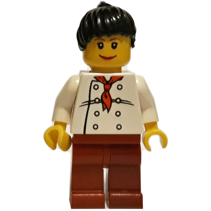 Lego Chef, Woman, Red Neckerchief, Dark Red Legs, Black Hair