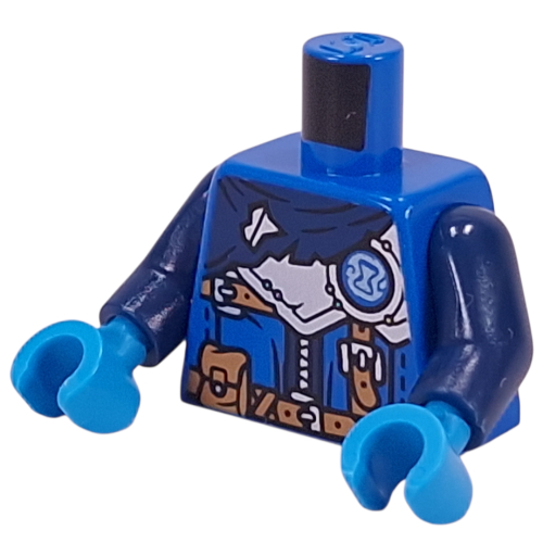 Lego Torso, Dark Blue Cloak, Silver Armor, Hourglass in Blue Circle, Nougat Straps, Utility Belt print, Dark Blue Arms, Dark Azure Hands / Blue