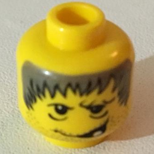 Lego Minifig Head Hunchback, Gray Spiky Hair, Stubble, One Tooth Smirk Print [Blocked Open Stud] / Yellow