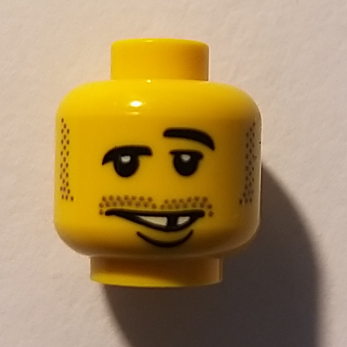 Lego Minifig Head, Moustache Raised Eyebrow, White Teeth with Missing Tooth and Lower Lip Print [Blocked Open Stud] / Yellow