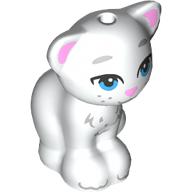 Lego Animal, Cat, Sitting with Blue Eyes, Bright Pink Nose and Ears, Light Bluish Gray Markings Print / White