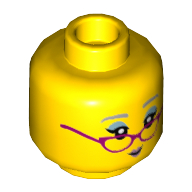 Lego Minifig Head, Lavender Eyebrows, Metallic Blue Eye Shadow, Magenta Glasses, Metallic Pink Lips, Beauty Mark Print / Yellow
