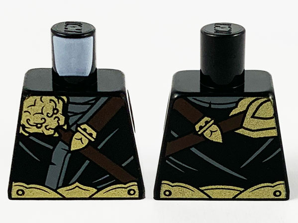 Lego Torso Tunic, Gold Ape Shoulder Armor, Dark Bluish Gray Trim and Dark Brown Shoulder Belt Pattern