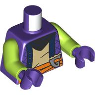 Lego Torso, Torn Vest, Dark Blue Trim, Tan Shirt, Orange Sash, Silver 'G' print, Lime Arms, Dark Purple Hands / Dark Purple