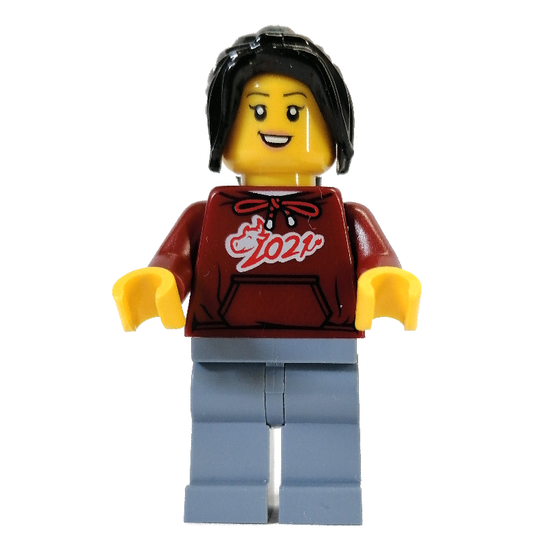 Lego Dark Red Torso, Sand Blue Legs, Black Long Hair