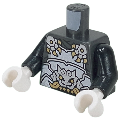 Lego Torso, Silver Armor Plating, Wolff, Fold Fangs, Dark Red Asian Symbols on Back print, Black Arms, White Hands / Pearl Titanium