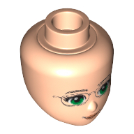 Lego Minidoll Head with Green Eyes and Glasses, Orange Lips and Closed Mouth Print / Light Nougat