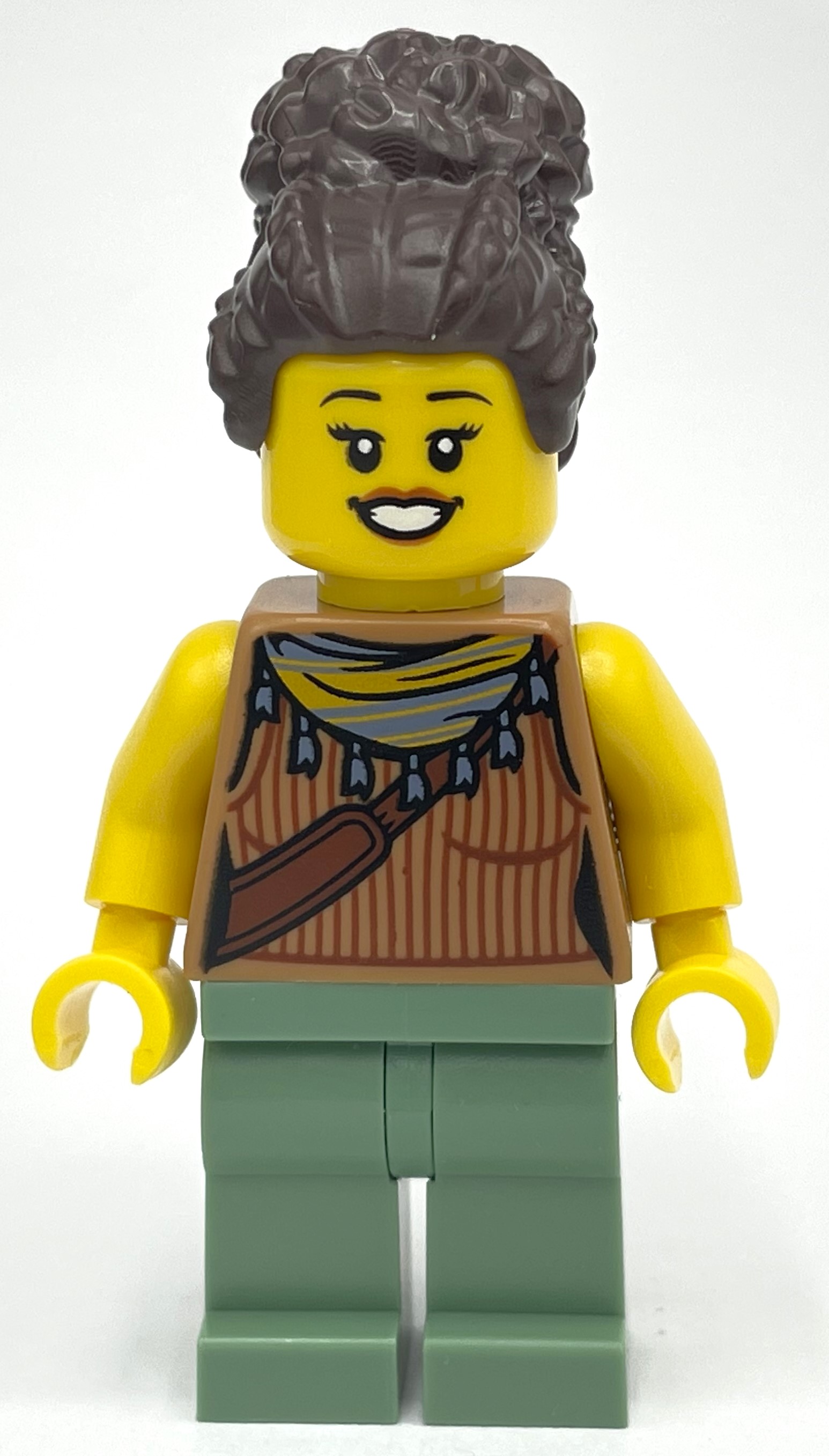 Lego Medium Nougat Torso, Sand Green Legs, Dark Brown Hair