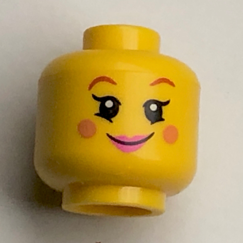 Lego Minifig Head, Reddish Brown Eyebrows, Nougat Cheeks, Pink Lips, Smile / Wink print / Yellow