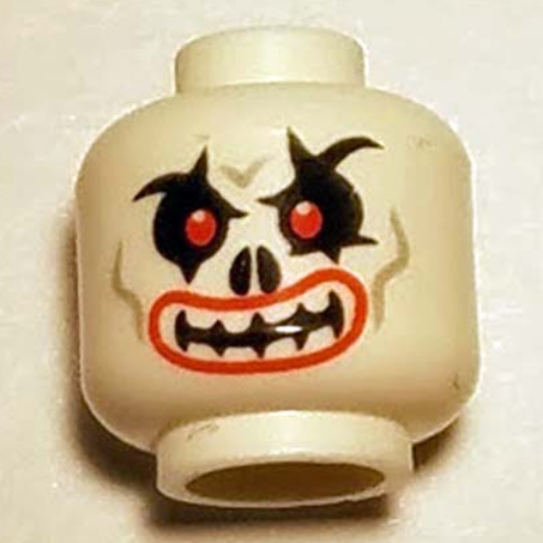 Lego Minifig Head Krazi, Skull Evil with Red Eyes, Curved Eyebrows and Red Lips Print [Hollow Stud] / White