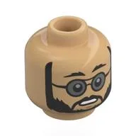 Minifig Head Doctor Pershing, Black Beard, Glasses with Trans-Black Lenses, Worried / Stern Frown / Warm Tan