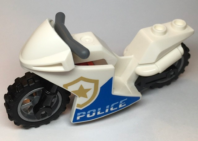 Lego Motorcycle Sport Bike with Black Frame, Flat Silver Wheels, Red Grille Tiles and Dark Bluish Gray Handlebars with 'POLICE' Pattern on Both Sides