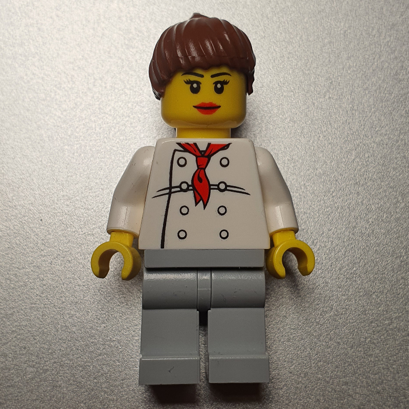 Lego Chef, Woman, Red Neckerchief, Light Bluish Gray Legs, Reddish Brown Ponytail Hair, 3626bpr0892 Head