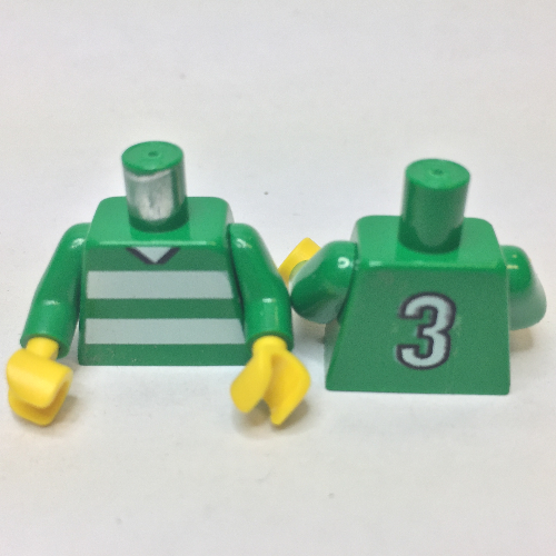 Lego Torso Soccer Horizontal White Stripes and '3' Back Print, Green Arms, Yellow Hands / Green